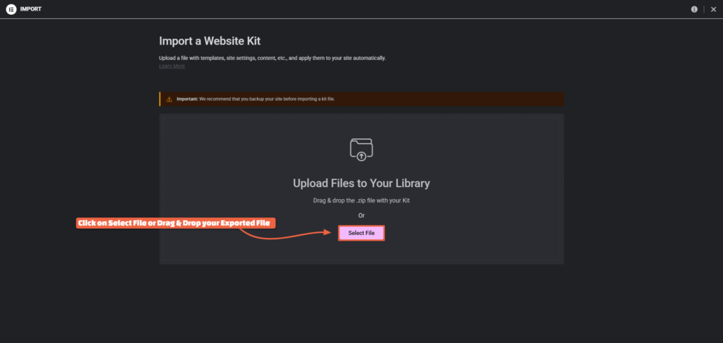 Drop or Upload Elementor Global Settings File to Import