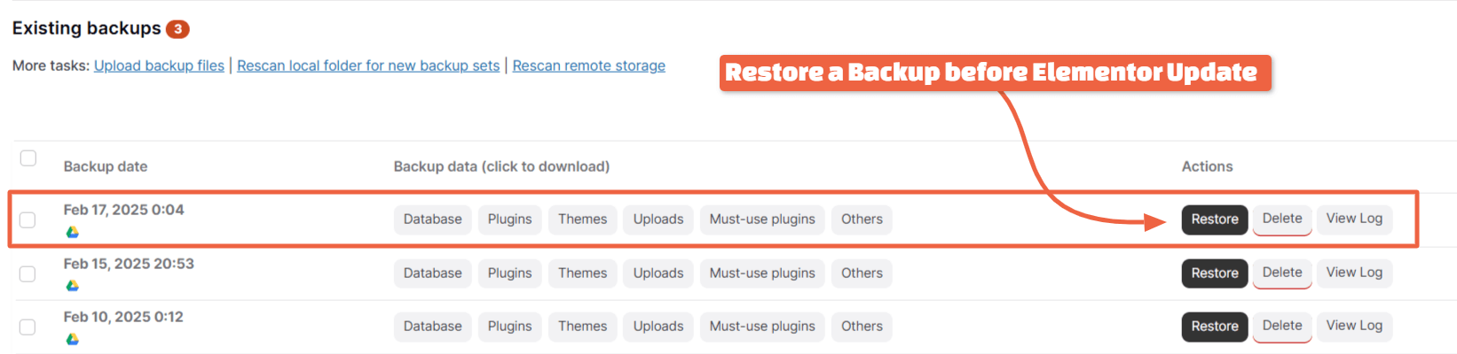 Restore Backup before Elementor Update