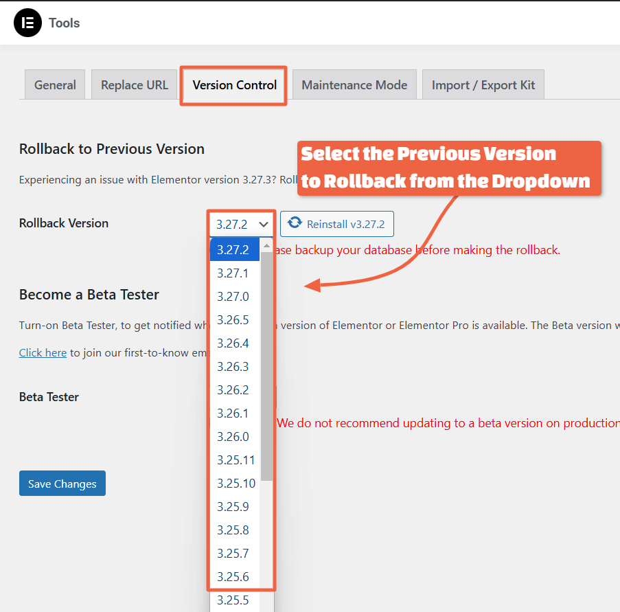 Select Rollback version click Save Changes