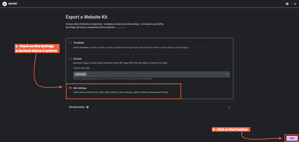 Select the Elementor Site Settings for Export