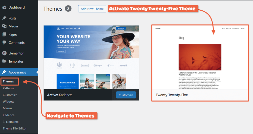 Switch to Default Theme - Twenty Twenty-Five