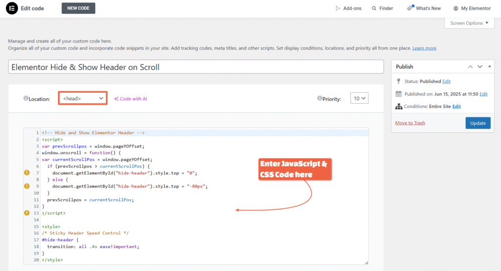 How to Hide Elementor Header on Scroll Down (Without Extra Plugins) 4 Add Custom Code for Elementor Hide Header on Scroll