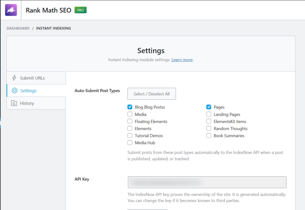 RankMath SEO Instant Indexing Settings