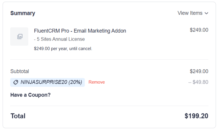 FluentCRM Coupon - Auto-applied on Checkout